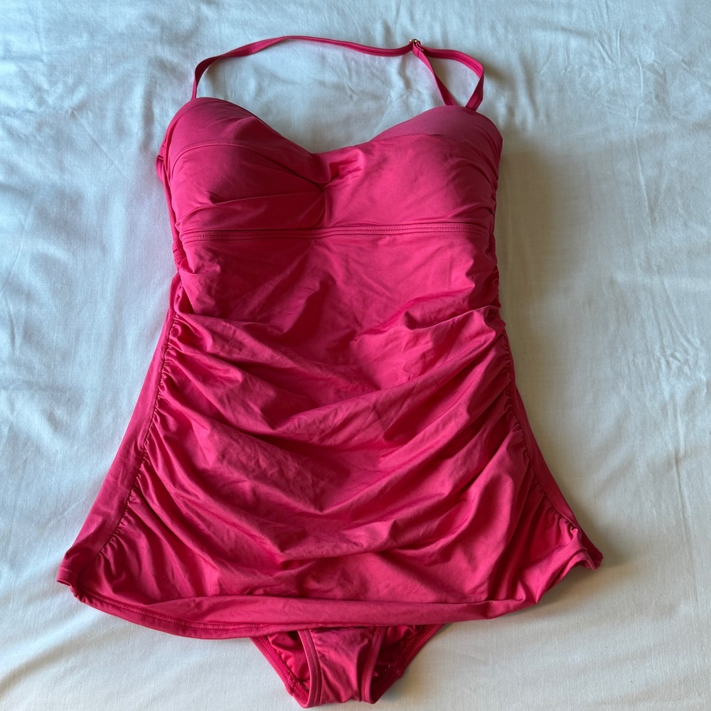 Clavin Klein Hot Pink Ruched One Piece Swimsuit‎ Halter Neck Skirted Beach Pool